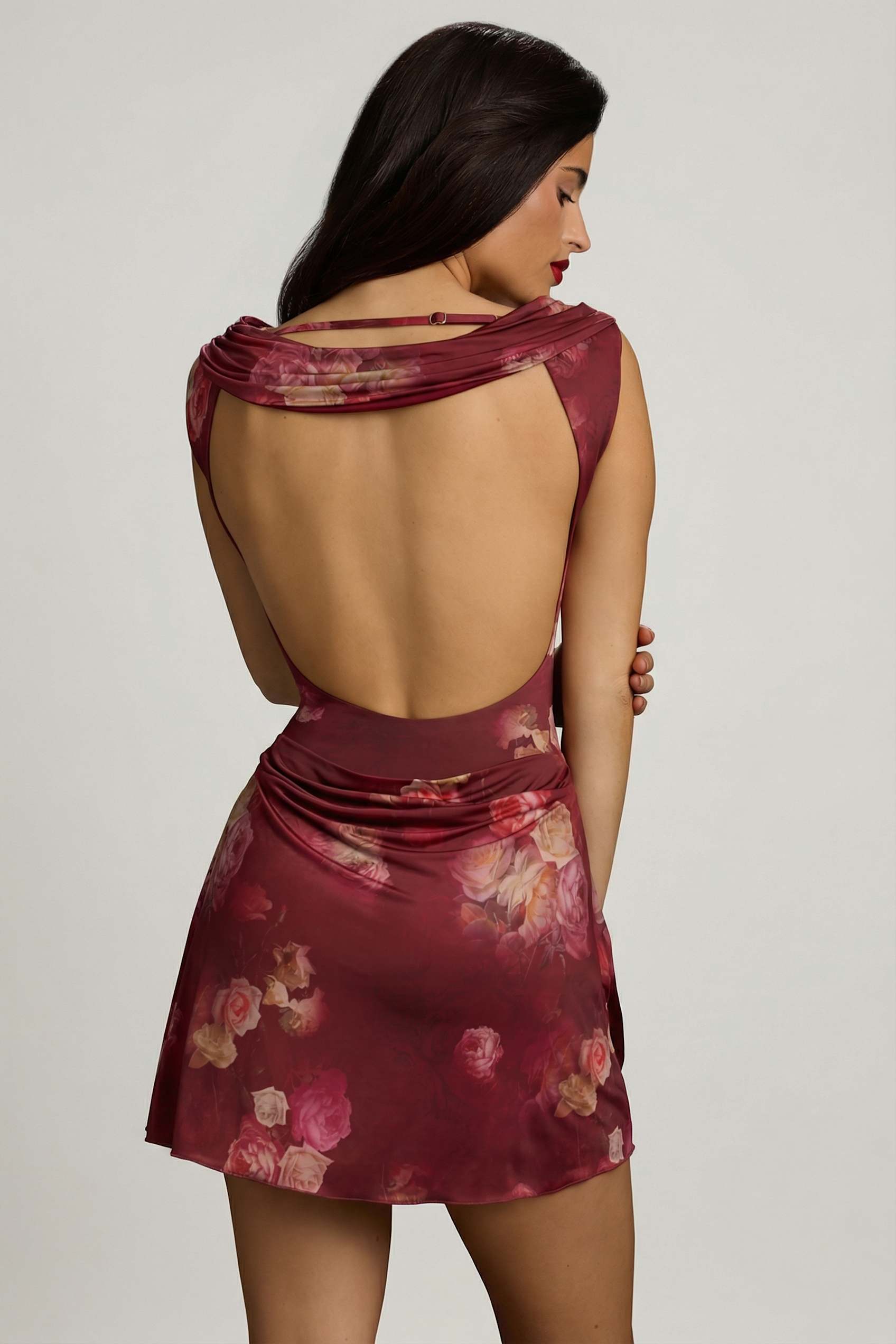 Embelia Draped Open-Back A-Line Mini Dress in Maroon Floral Print | Oh Polly