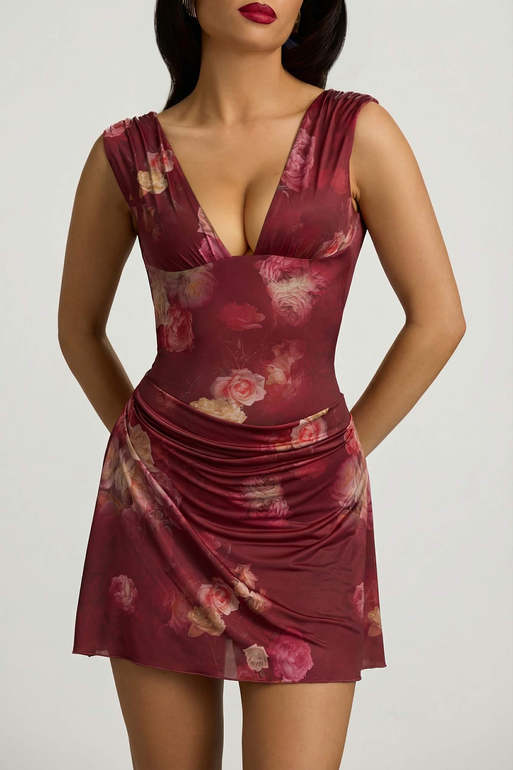 navy blue dress for baby girl Embelia Draped Open-Back A-Line Mini Dress in Maroon Floral Print