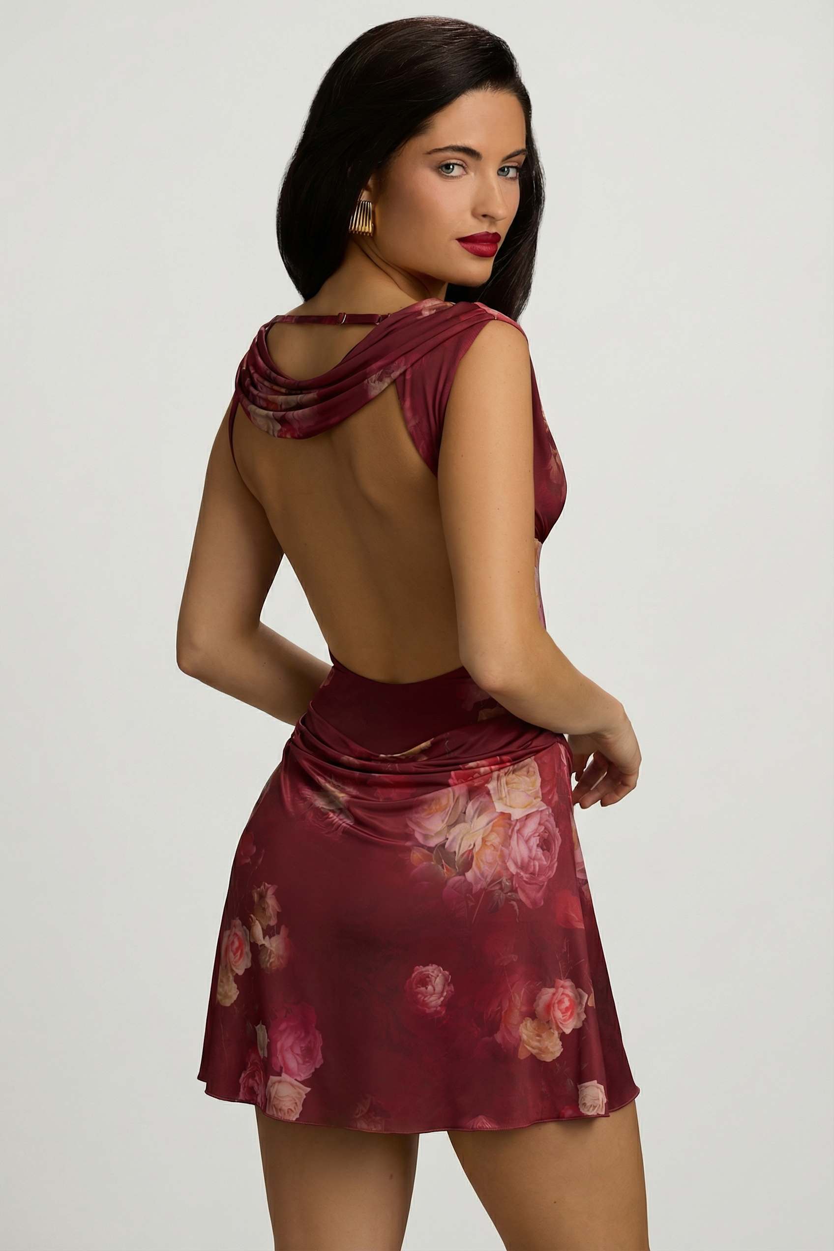 Embelia Draped Open-Back A-Line Mini Dress in Maroon Floral Print | Oh Polly
