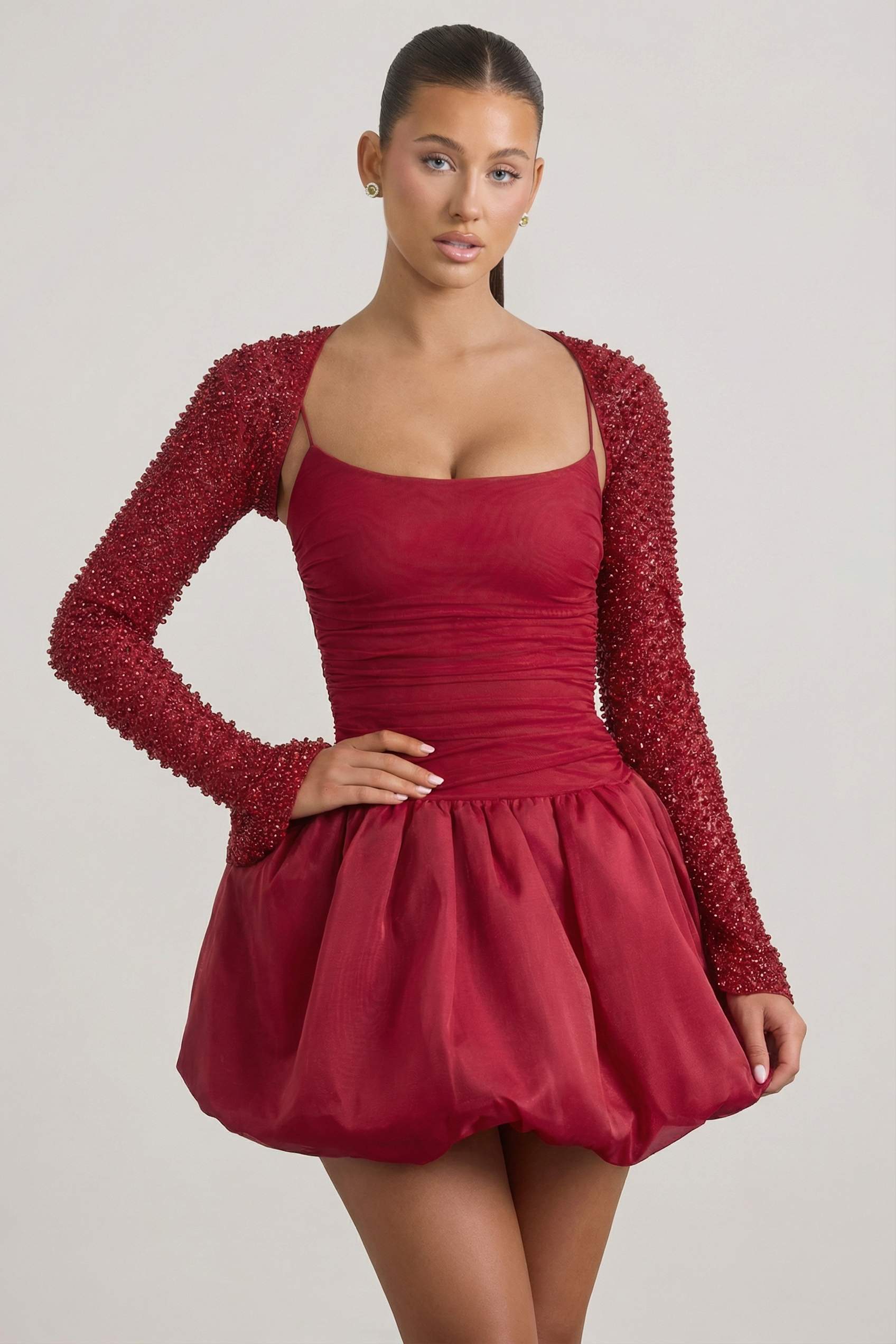 Aletta Embellished Bubble Hem Mini Dress in Red | Oh Polly