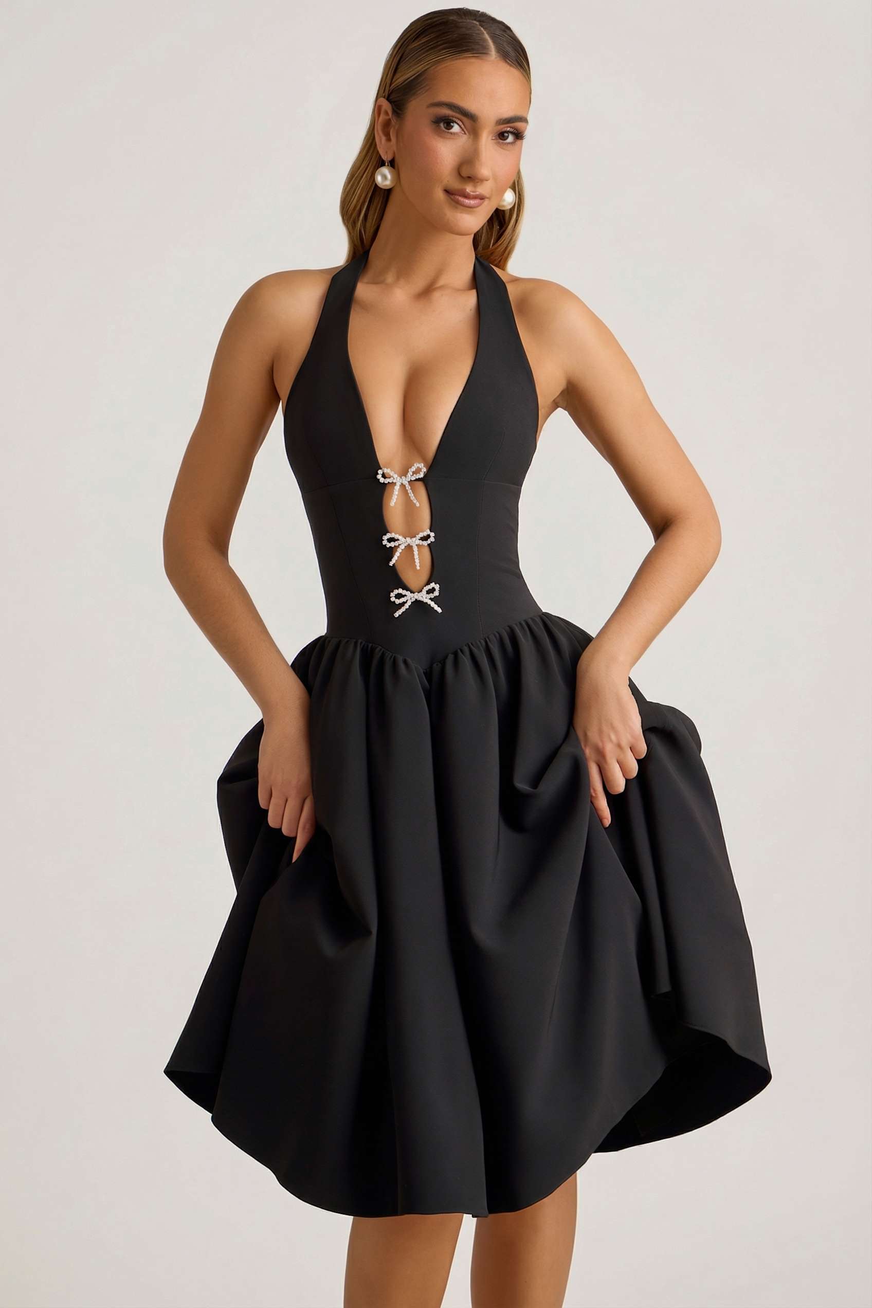 black midi dress with bows SINGLE SHOULDER BOW DETAIL FLARE MIDI DRESS WITH POCKETS (BLACK)