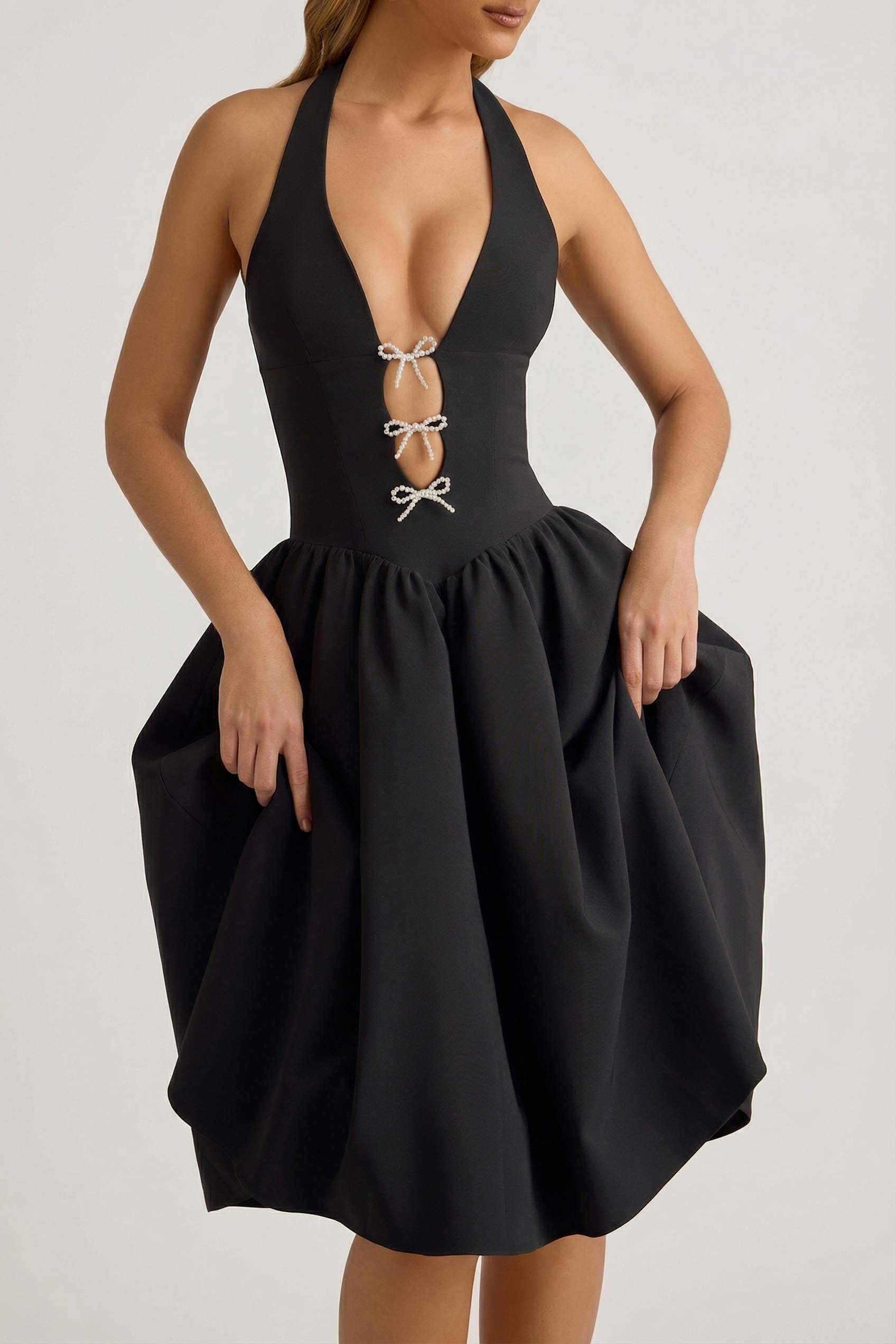 Angelina Halterneck Bow-Detail Midi Dress in Black | Oh Polly