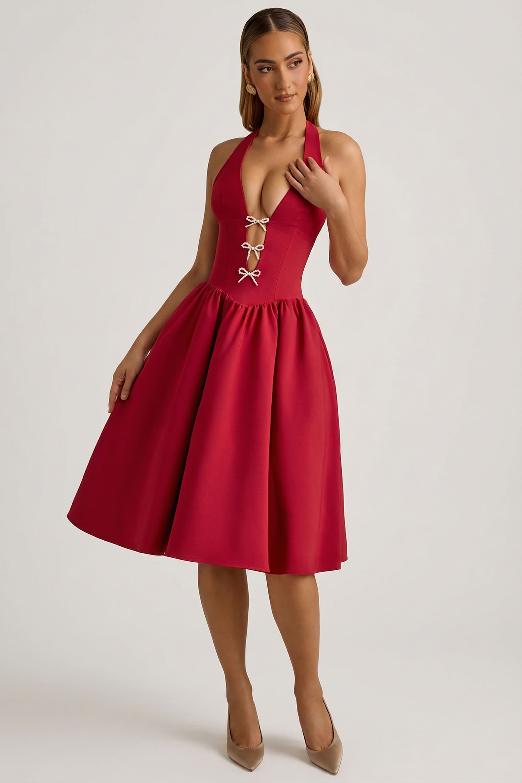 Angelina Halterneck Bow-Detail Midi Dress in True Red | Oh Polly