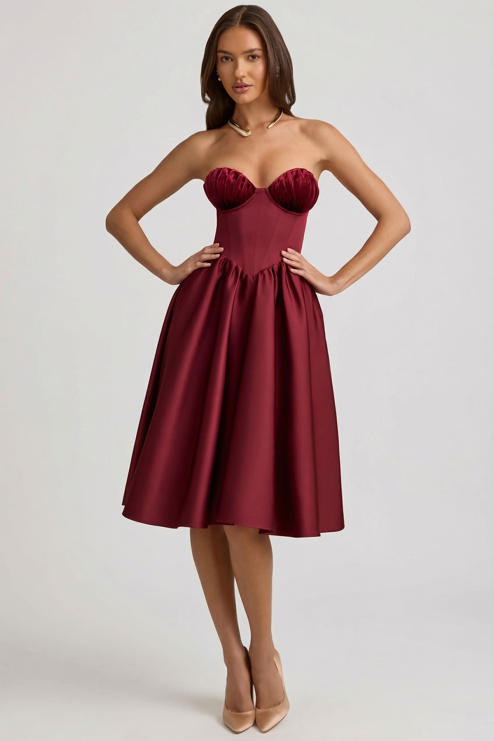 wine satin pleated corset midi dress Classic and timeless in our 'Flora' wine satin pleated corset midi dress  dress. Tap to shop or shop at HouseofCB.com