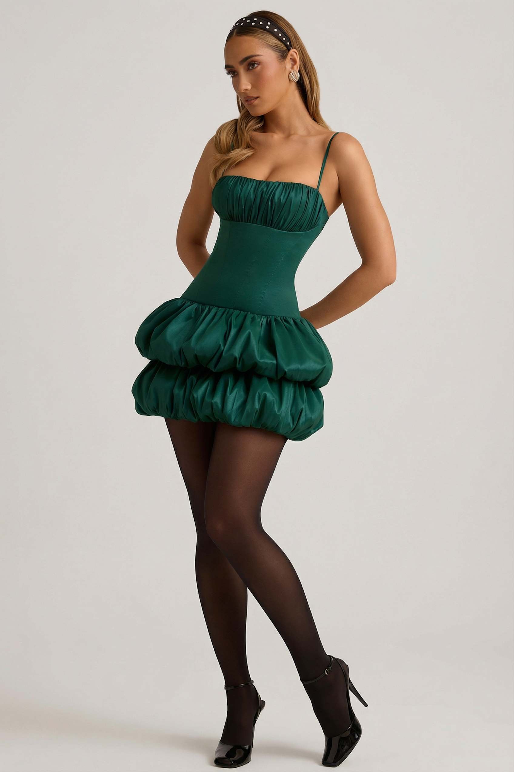 Clarice Layered Bubble Hem Corset Mini Dress in Emerald Green | Oh Polly