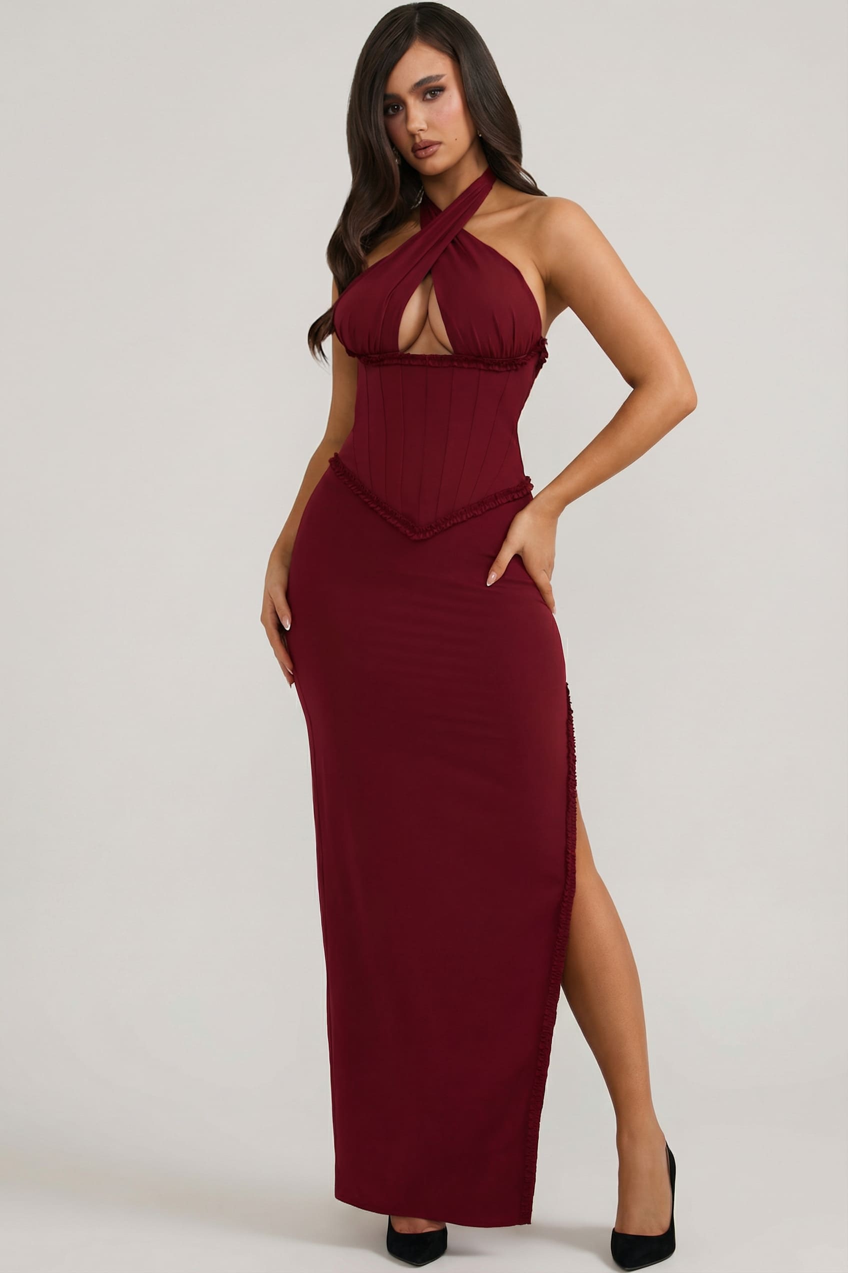 Penelope Halterneck Lace-Up Corset Maxi Dress in Berry Red | Oh Polly