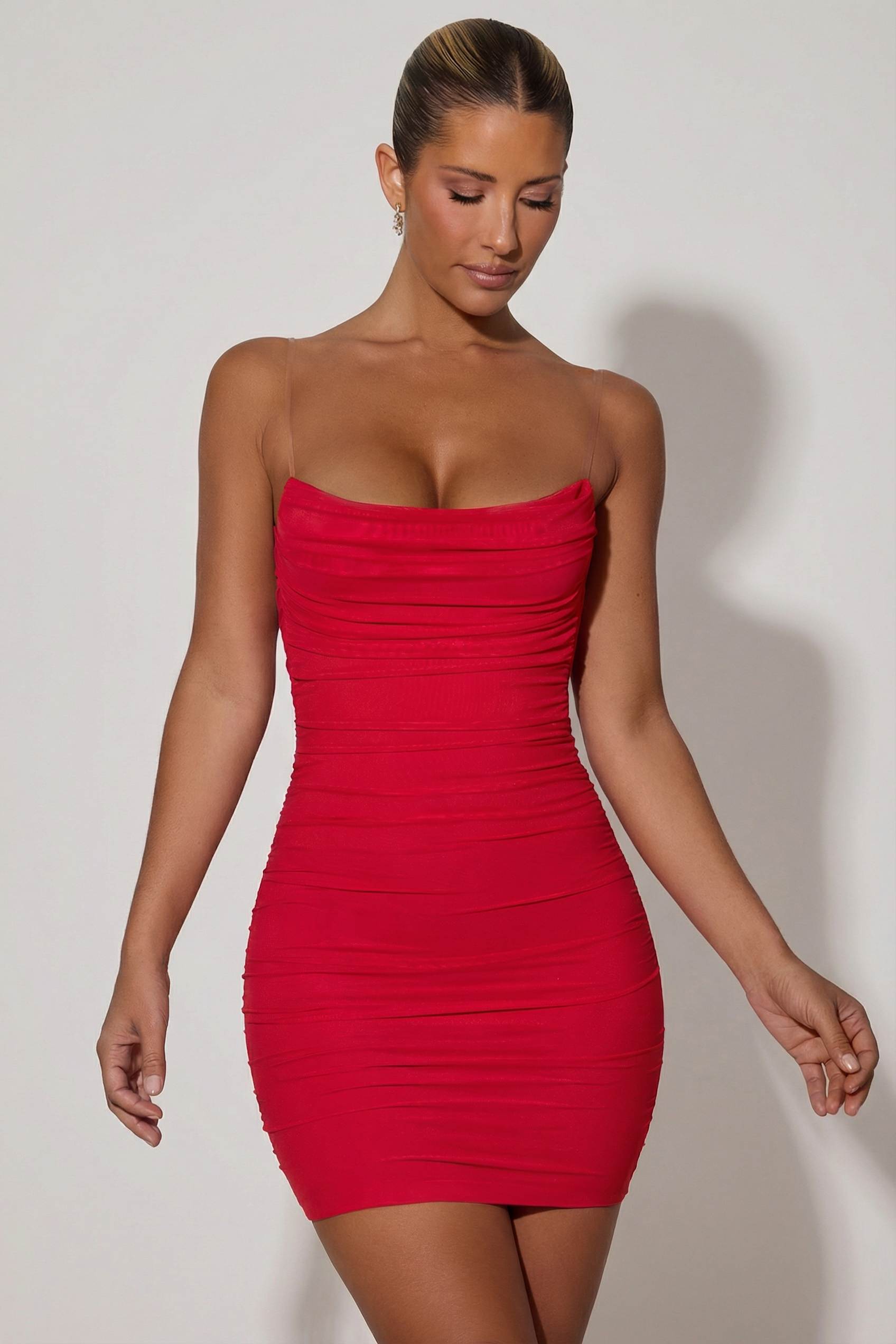 strapless boat neck ruffle hem bodycon party mini dresses-red Red A-Line Strapless Ruffles Mini Homecoming Dresses, Red / 2