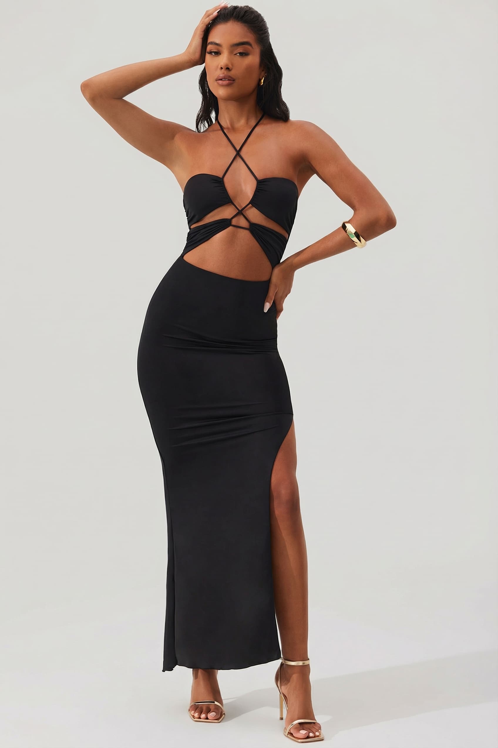 white christmas dresses V-neckline Side Slit Black Maxi Long Dress for Prom – loveangeldress main image 0