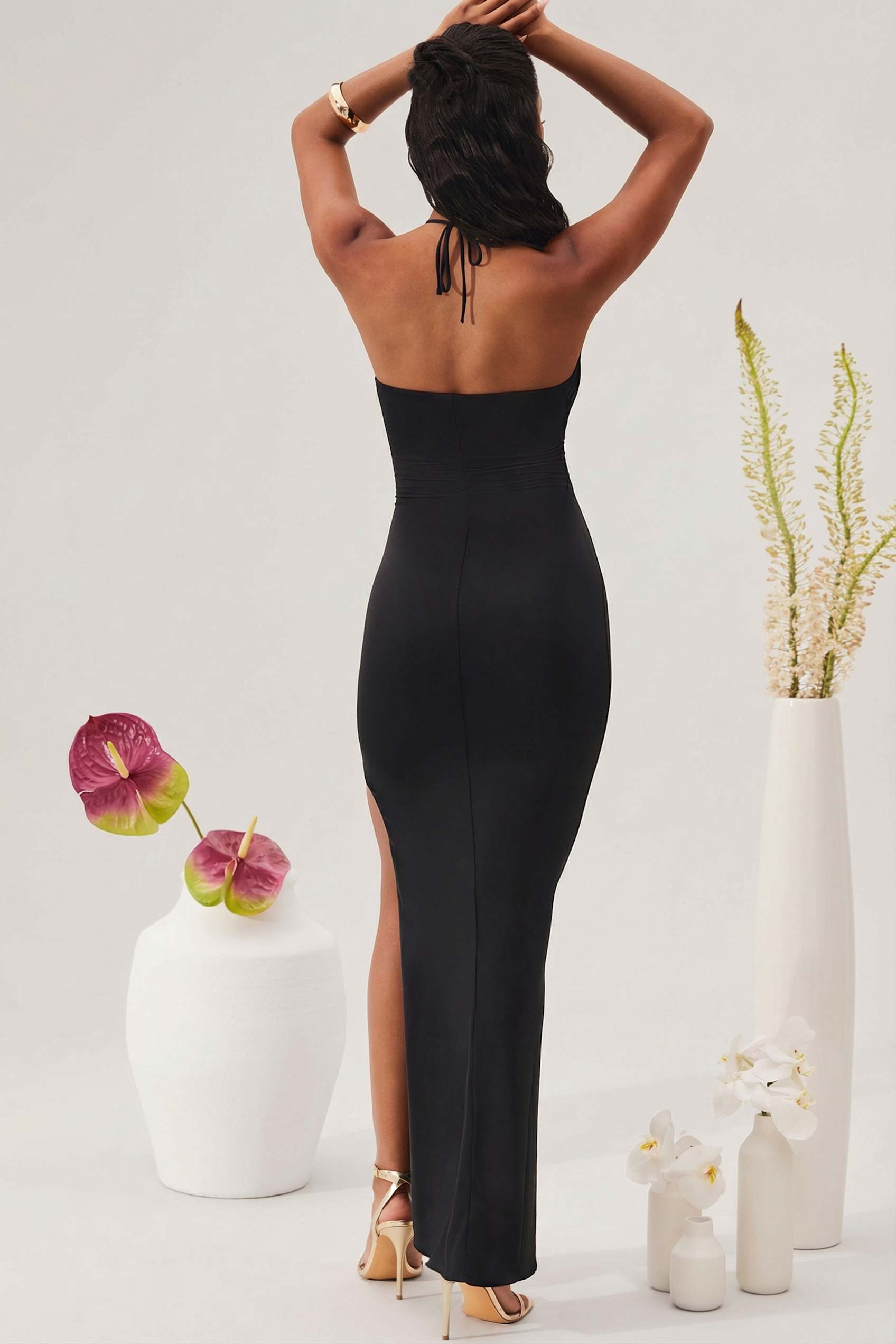 oh polly black cut out dress Oceane Cut Out Halter Neck Floor Length Maxi Dress in Black