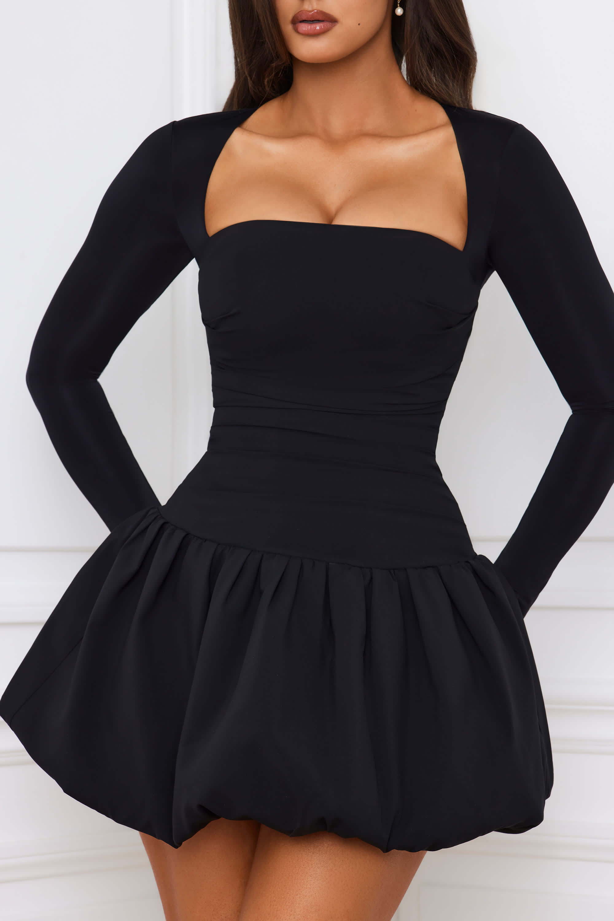 Viola Long-Sleeve Bubble Hem Mini Dress in Black | Oh Polly