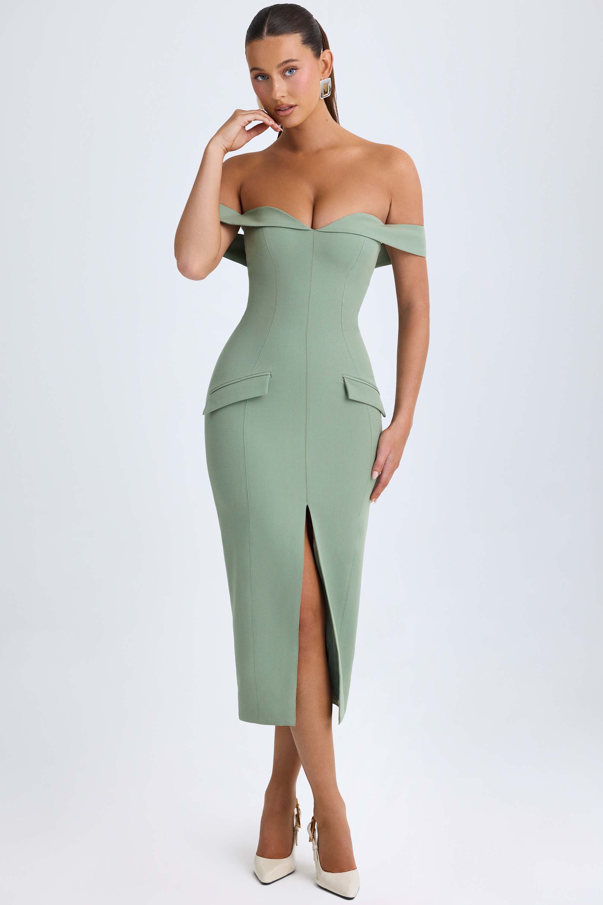 knee length dresses for ladies Long Sleeve Solid Color Bodycon Midi Dress (Khaki) main image 1