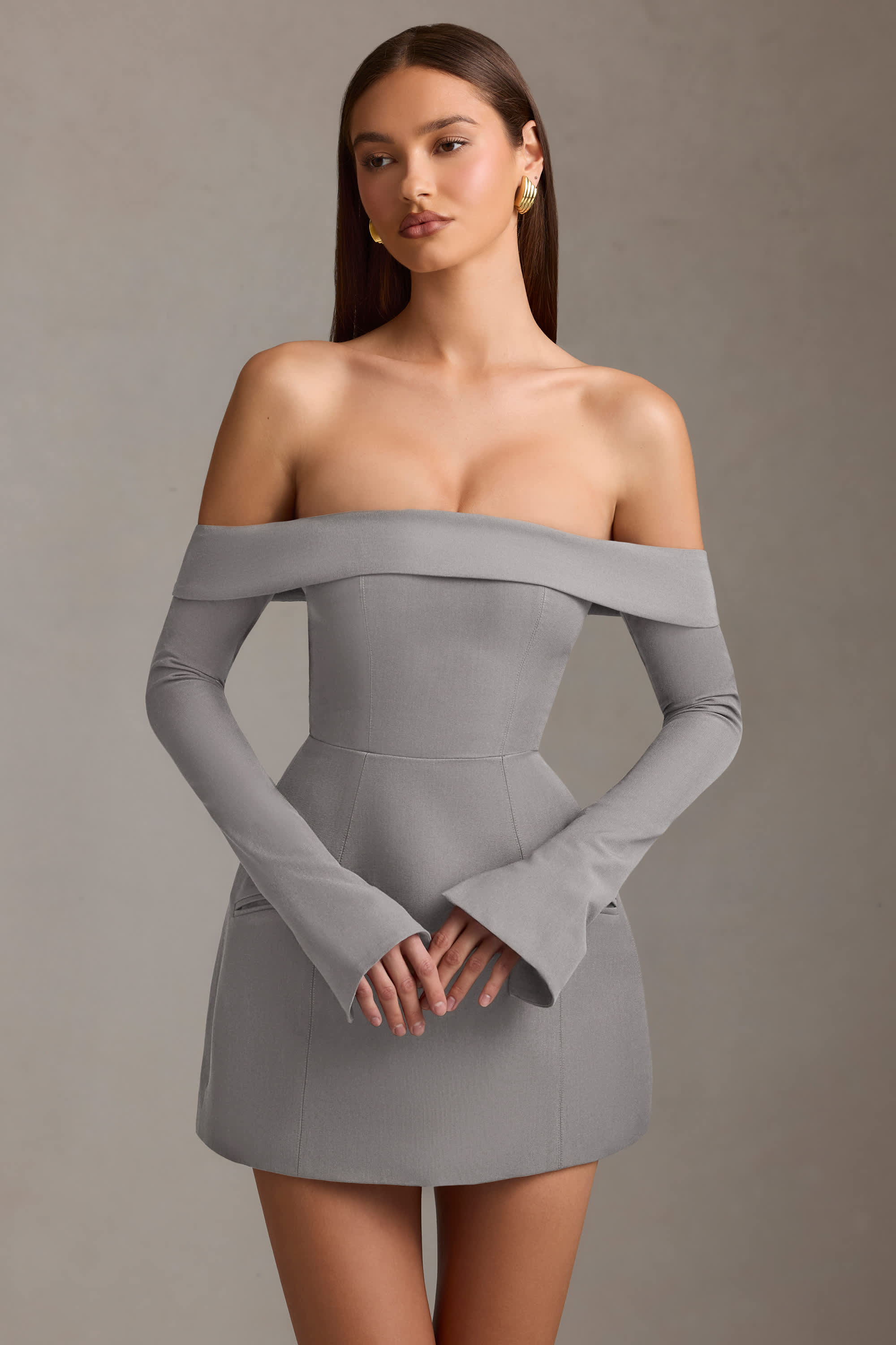 Seraphina Off-Shoulder Structured A-Line Mini Dress in Grey | Oh Polly