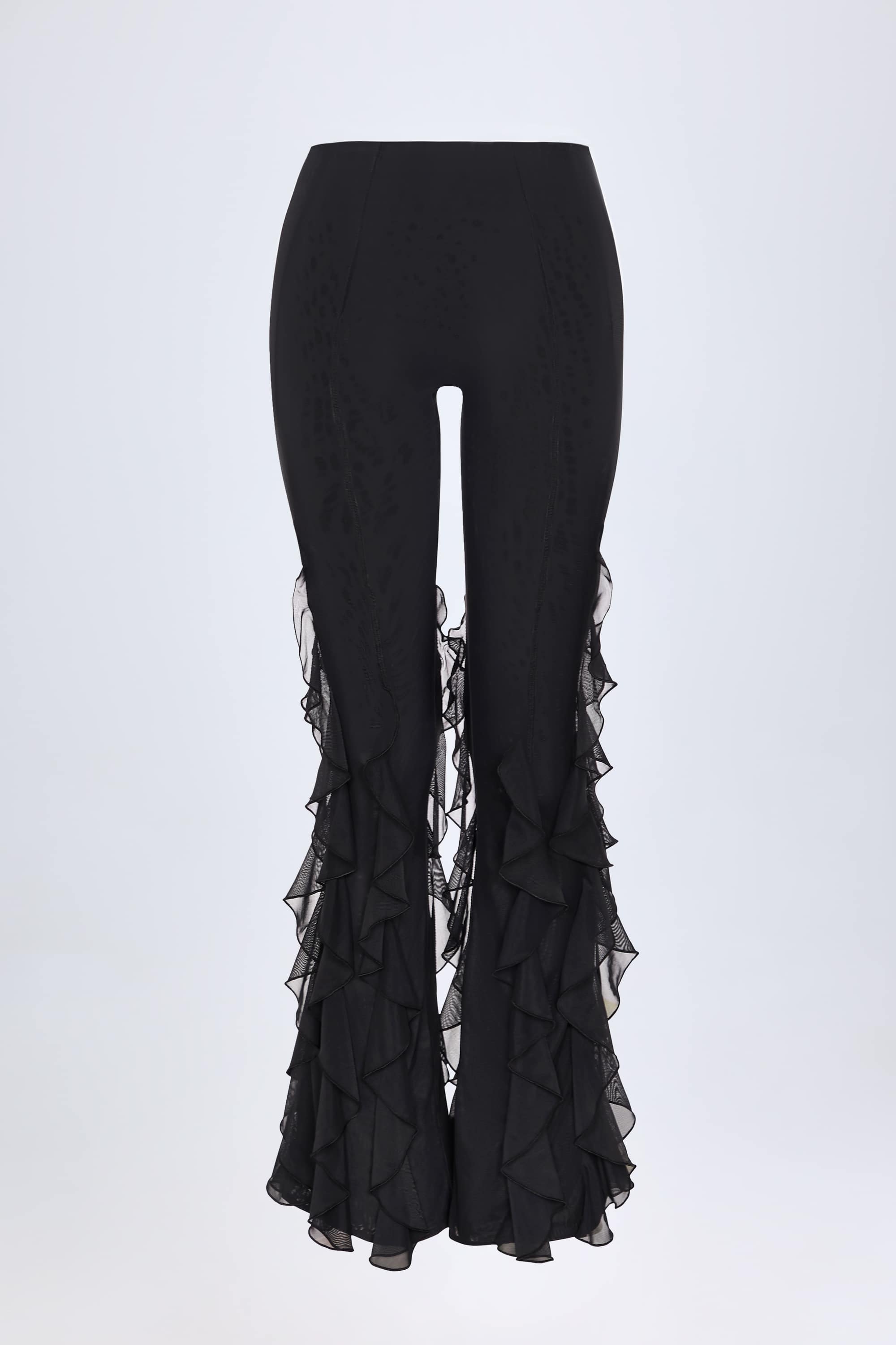 Felicity Ruffled Mid-Rise Flared Trousers in Black | Oh Polly