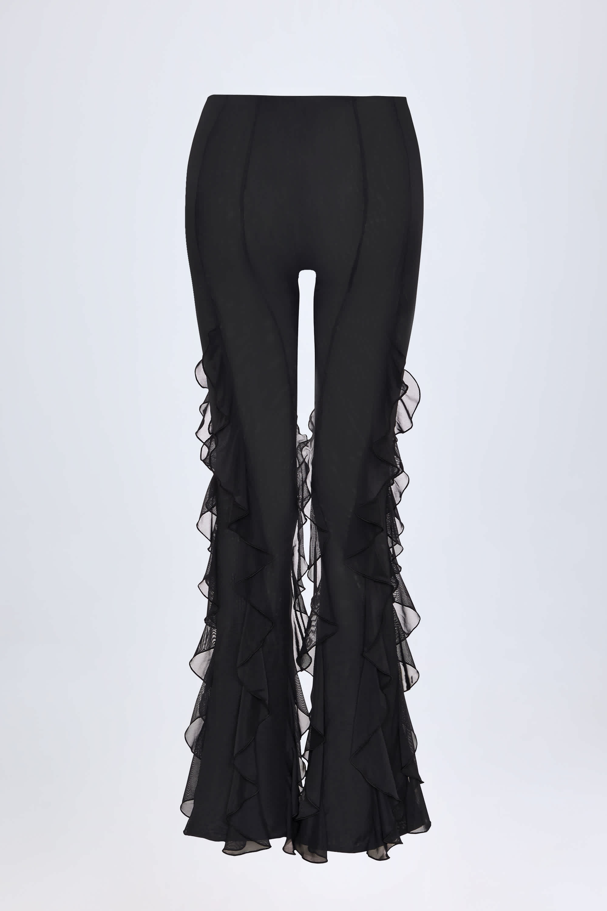 Felicity Ruffled Mid-Rise Flared Trousers in Black | Oh Polly