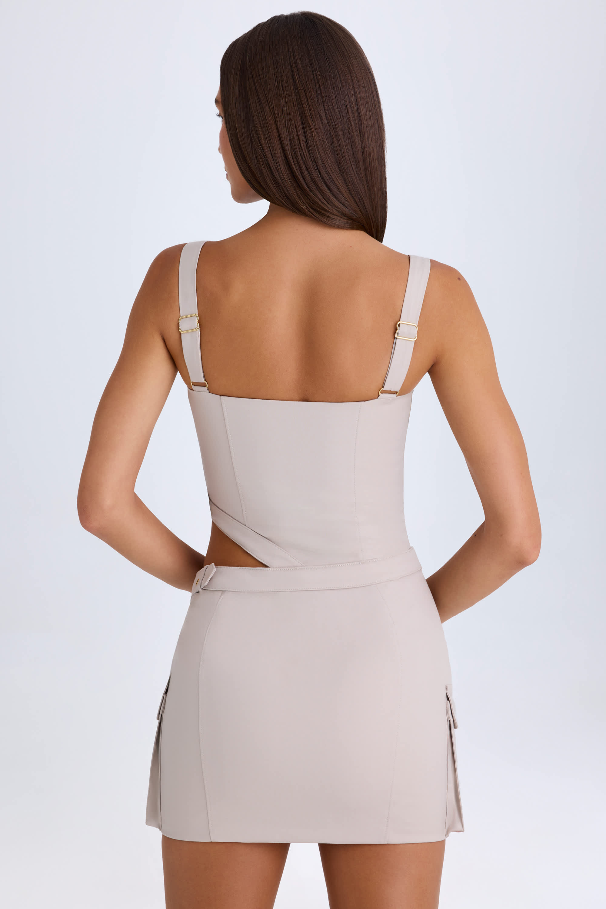 Acadia Belted Cut-Out Mini Dress in Taupe | Oh Polly
