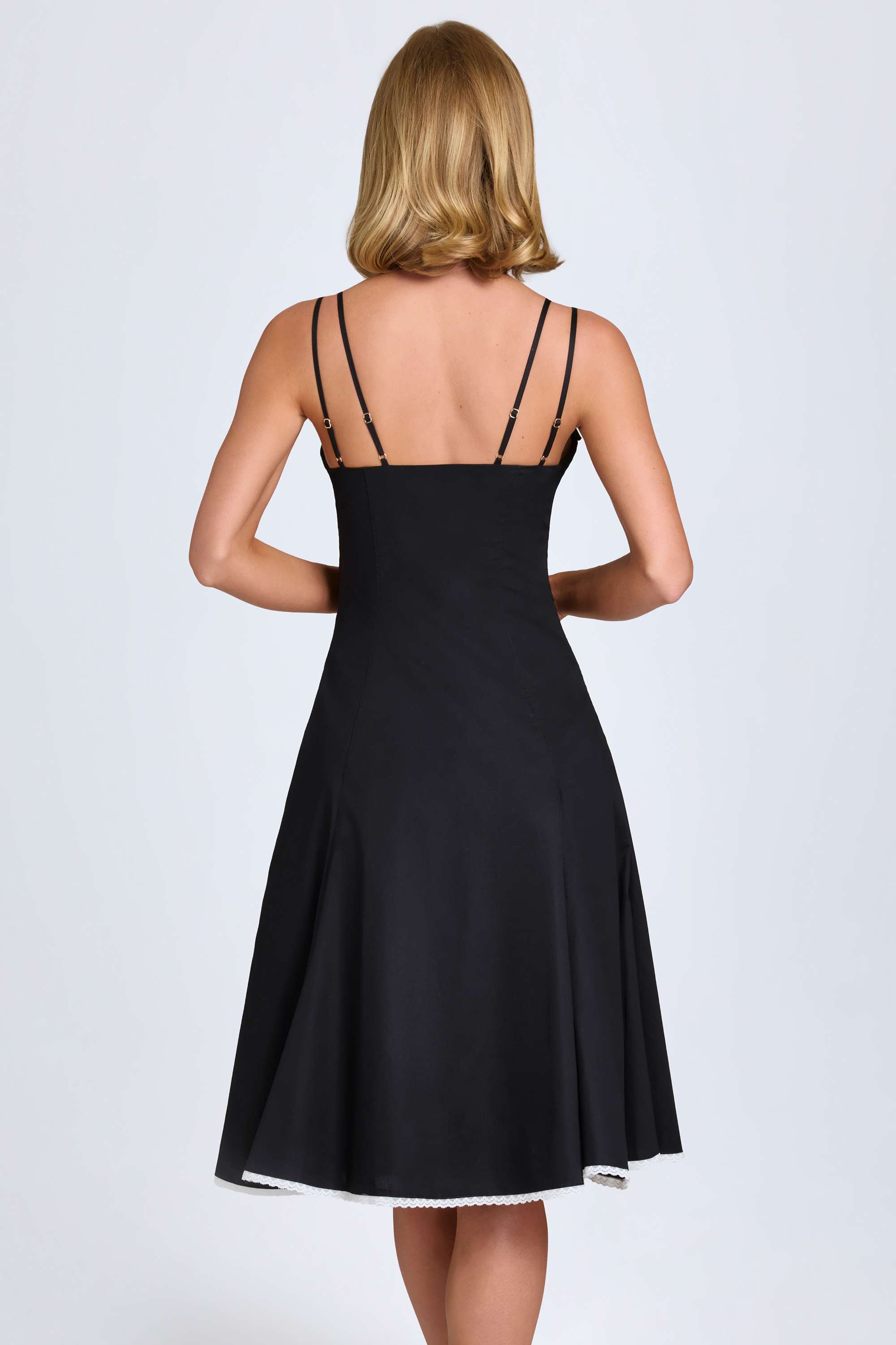 bow detail lace trim a line midi dress in black Black Lace Bow Front Una Midi Dress
