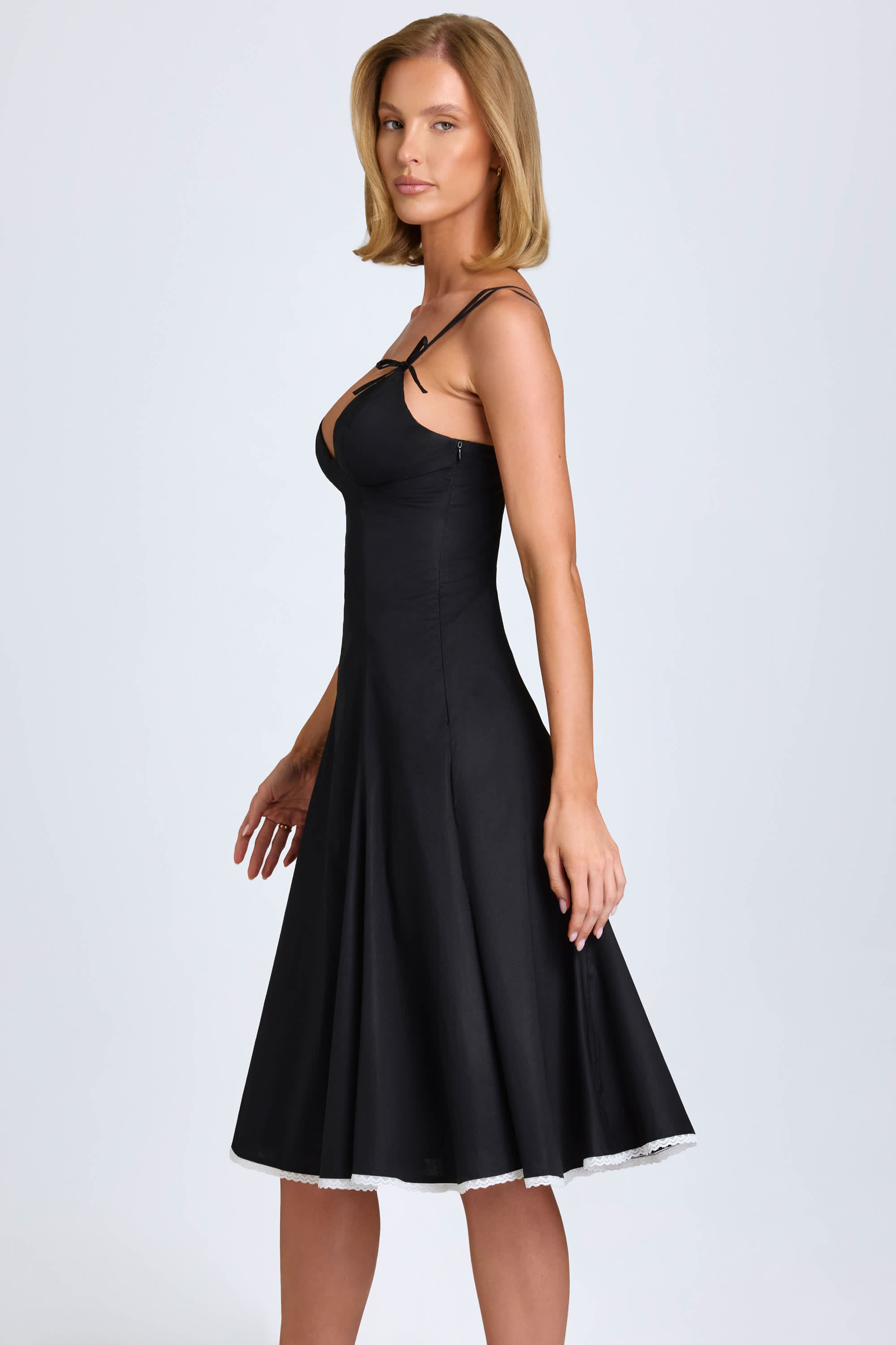 Mallory Bow-Detail Lace-Trim A-Line Midi Dress in Black | Oh Polly