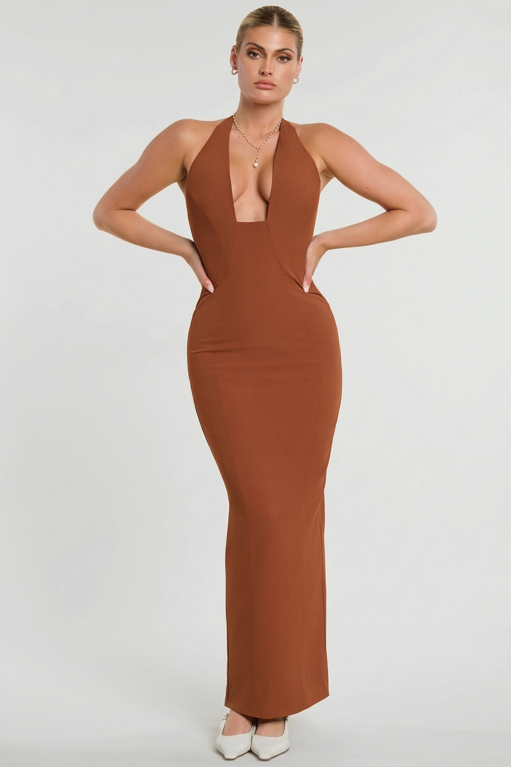 Demeter Woven Twill Halter Neck Plunge Maxi Dress in Chestnut Brown | Oh  Polly
