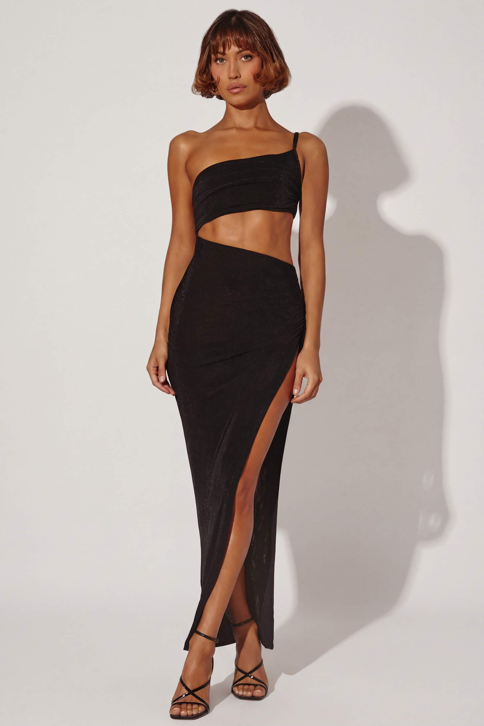 show-stopping style black one-shoulder cutout maxi dress ONE SHOULDER SIDE CUTOUT DRAWSTRING MAXI Black DRESS Small