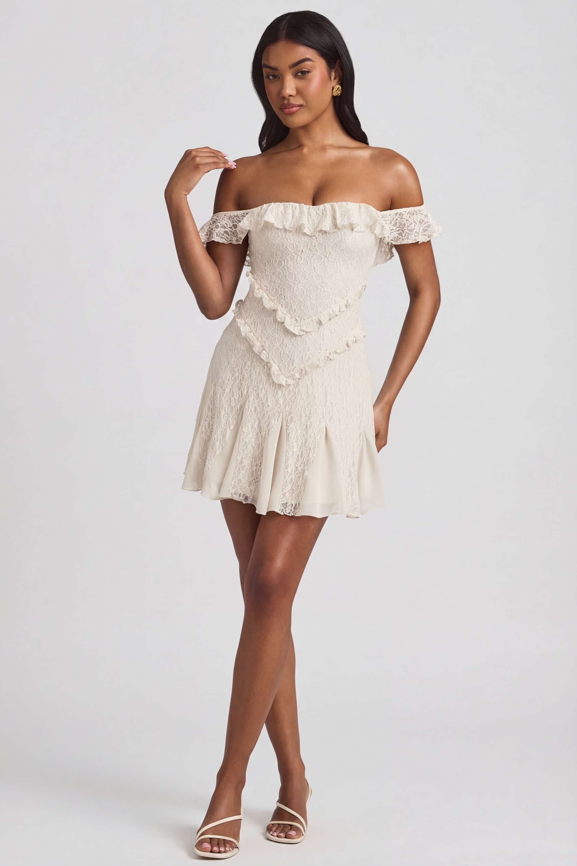 Nahida Off-Shoulder Lace A-Line Mini Dress in Ivory | Oh Polly