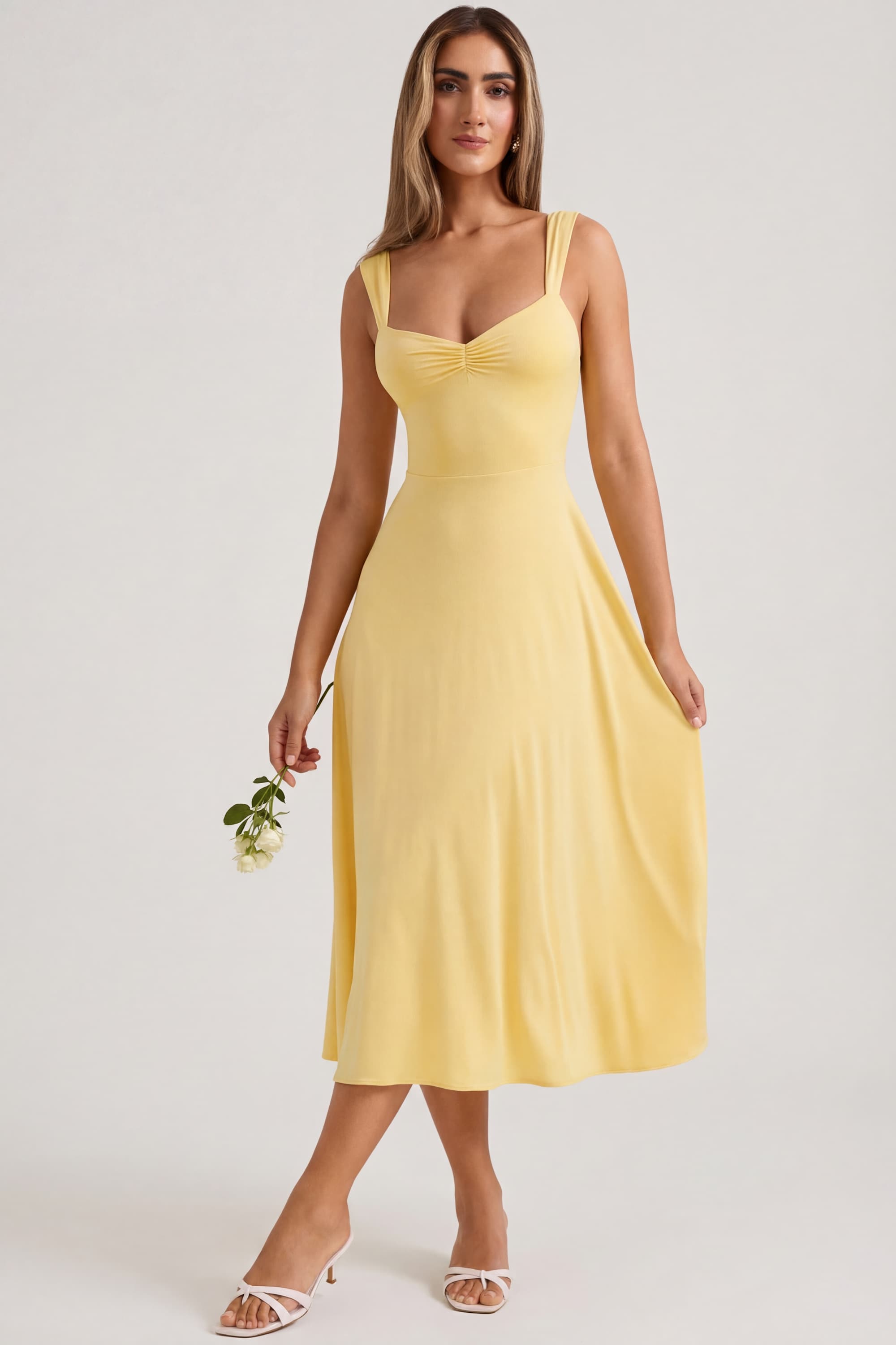 Thandie Sweetheart-Neck Ruched Midaxi Dress in Pastel Yellow | Oh Polly