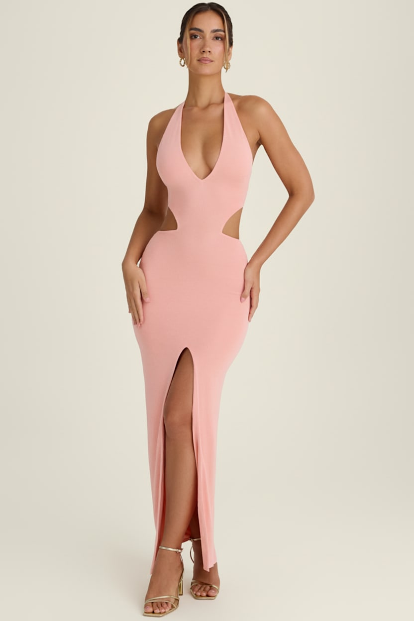 white christmas dresses Caroline Coral Embellished Halter Neck Maxi Dress – Frock and Frill main image 1