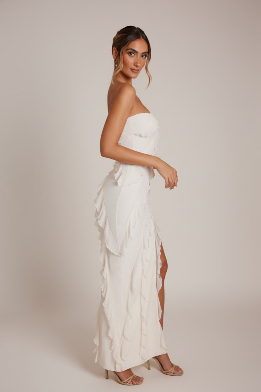 Nevali Bandeau Ruffle Detail Maxi Dress in Ivory | Oh Polly