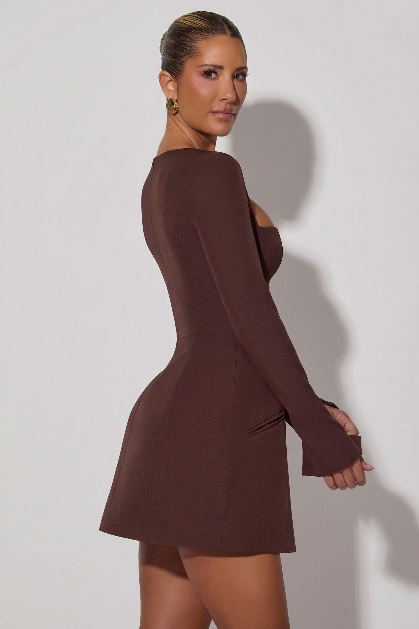 Taesha Square-Neck Structured Tulip Mini Dress in Chocolate Brown