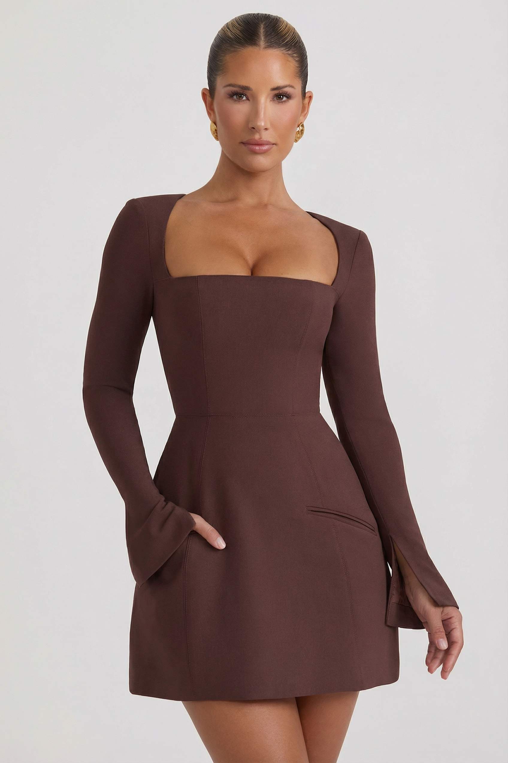 Taesha Square-Neck Structured Tulip Mini Dress in Chocolate Brown