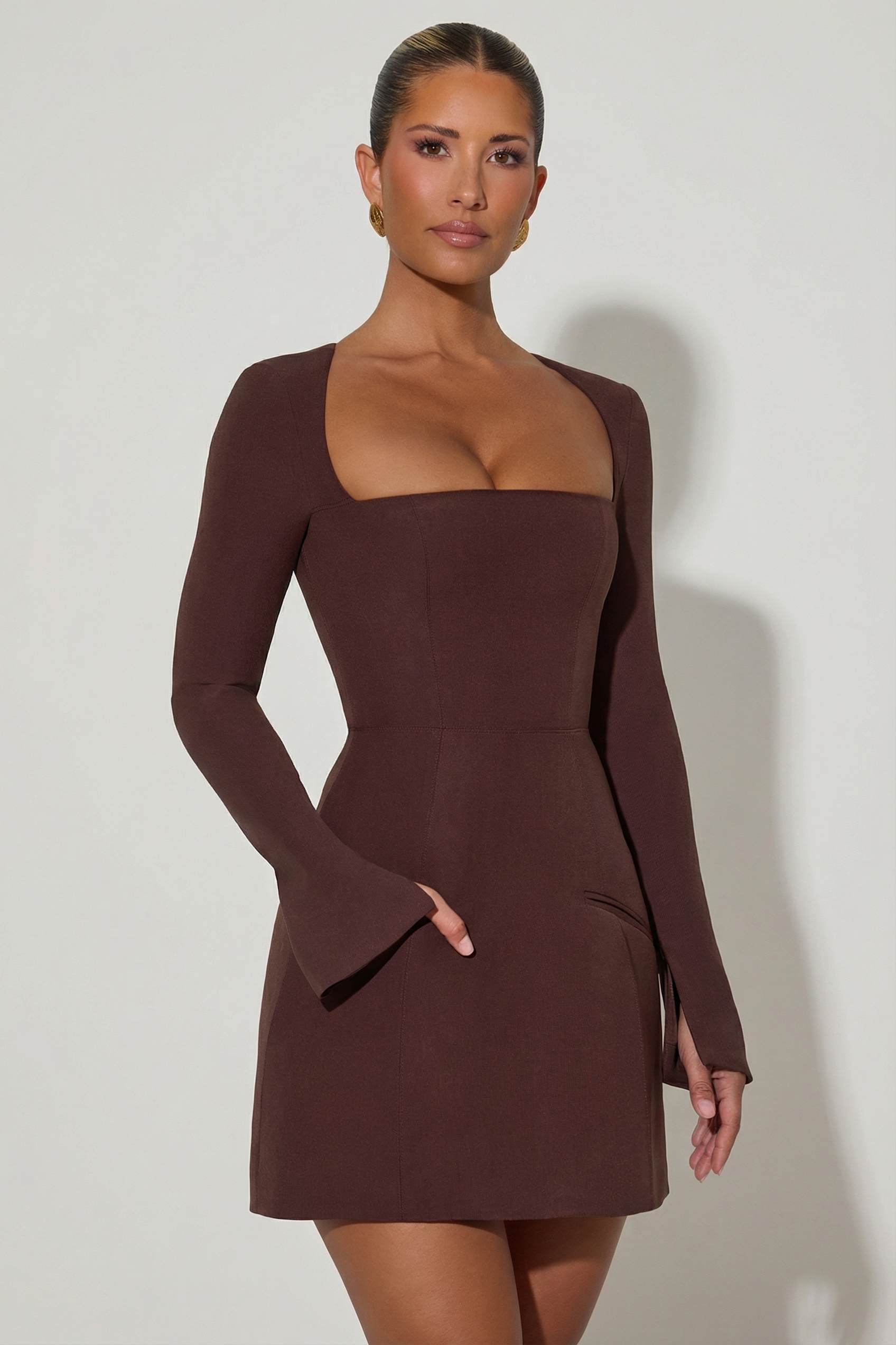 Taesha Square-Neck Structured Tulip Mini Dress in Chocolate Brown
