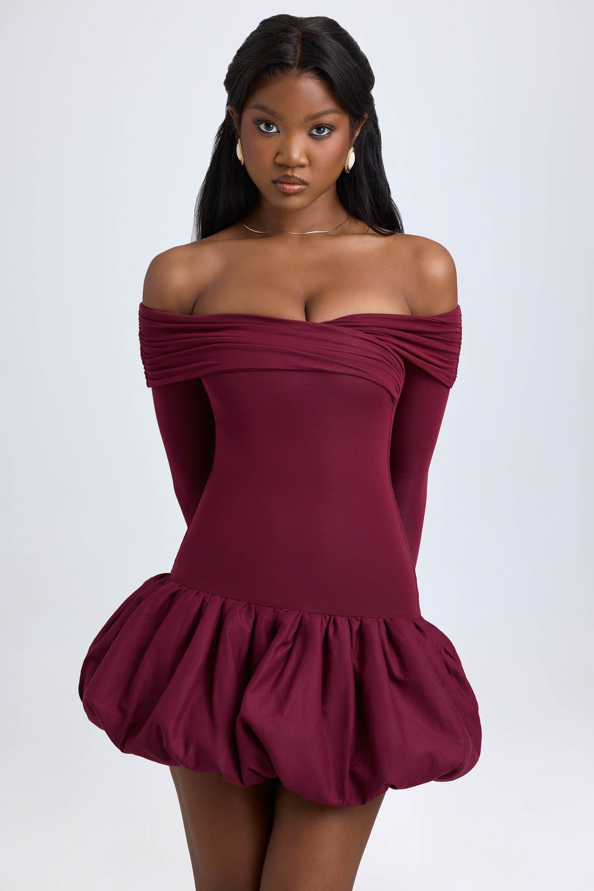 Serra Modal Off-Shoulder Bubble Hem Mini Dress in Wine Red | Oh Polly
