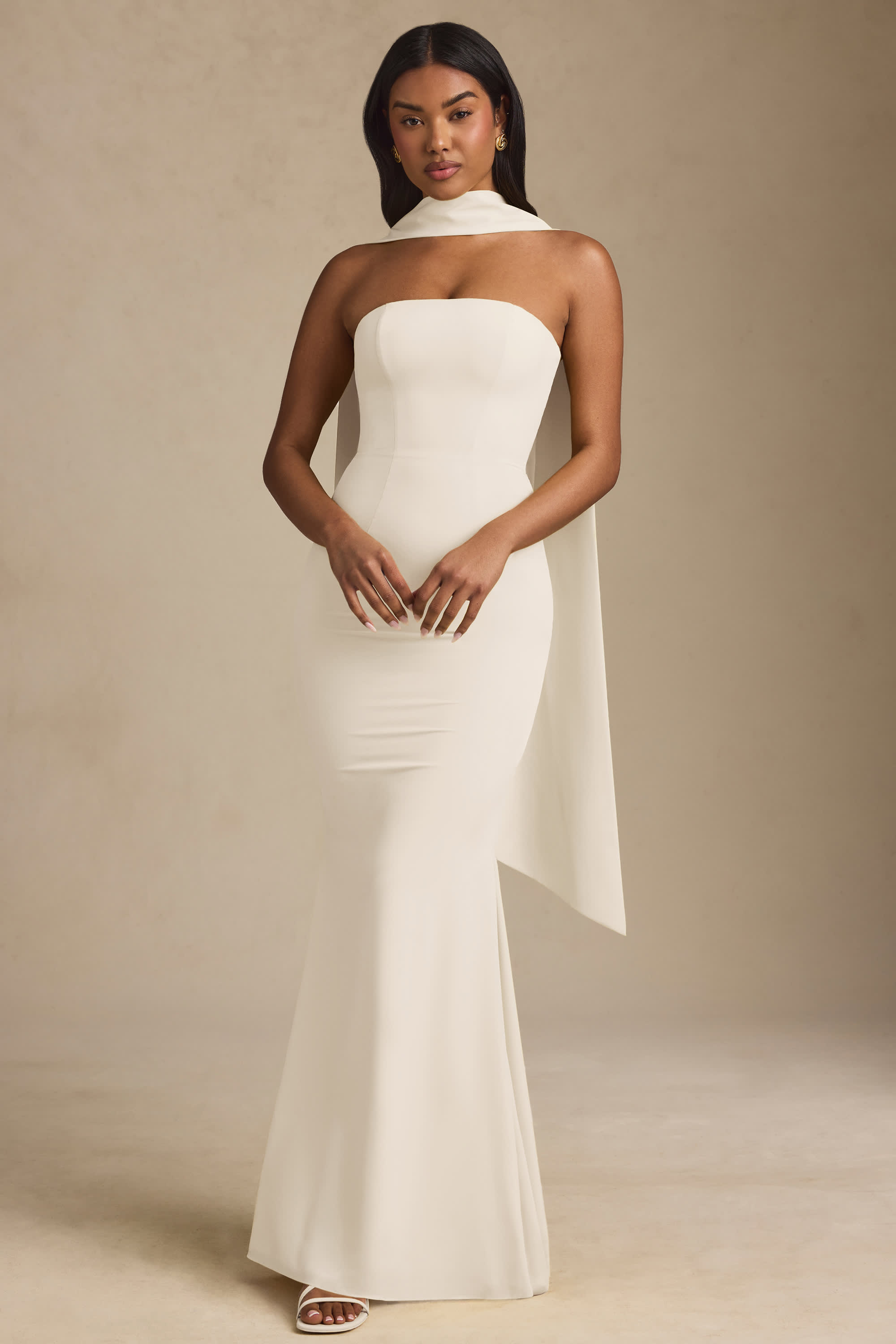 Imogene Scarf-Detail Strapless Gown in Ivory | Oh Polly