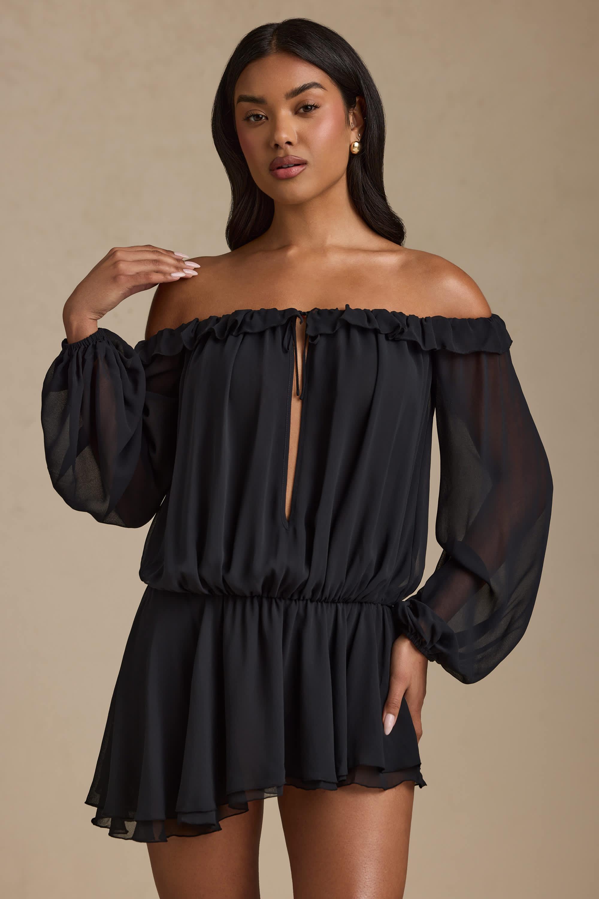 Solana Off-Shoulder Asymmetric Balloon-Sleeve Mini Dress in Black