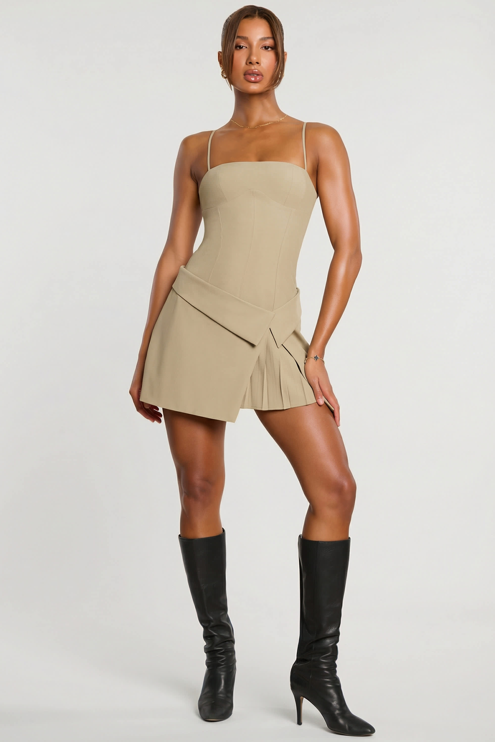 Bruna Woven Twill Wrap Over Pleated Mini Dress in Taupe | Oh Polly
