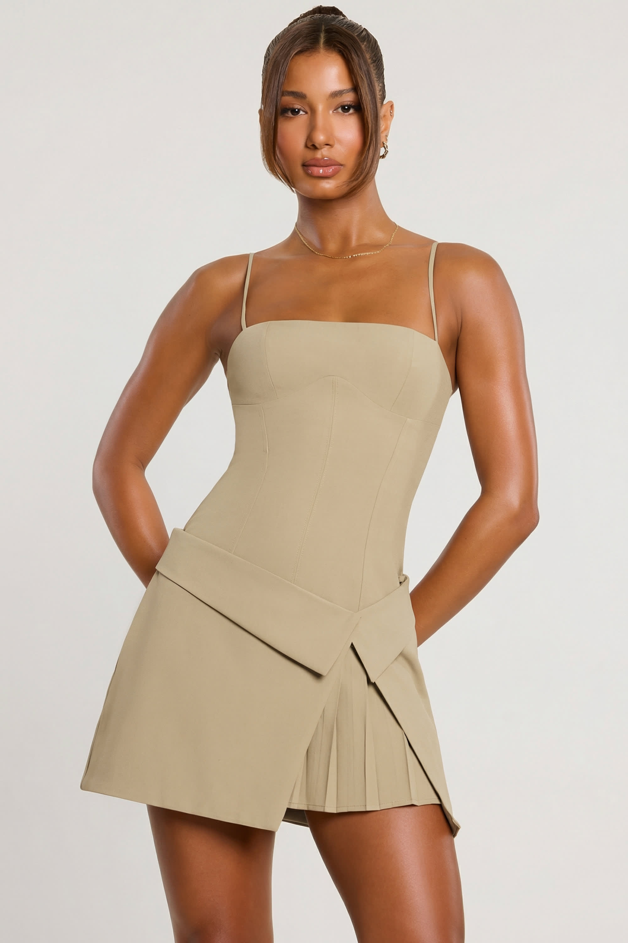 Bruna Woven Twill Wrap Over Pleated Mini Dress in Taupe | Oh Polly