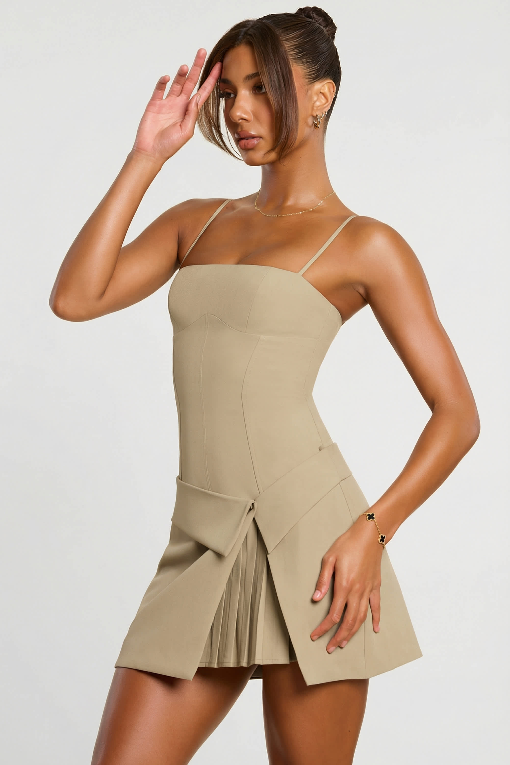 Bruna Woven Twill Wrap Over Pleated Mini Dress in Taupe | Oh Polly