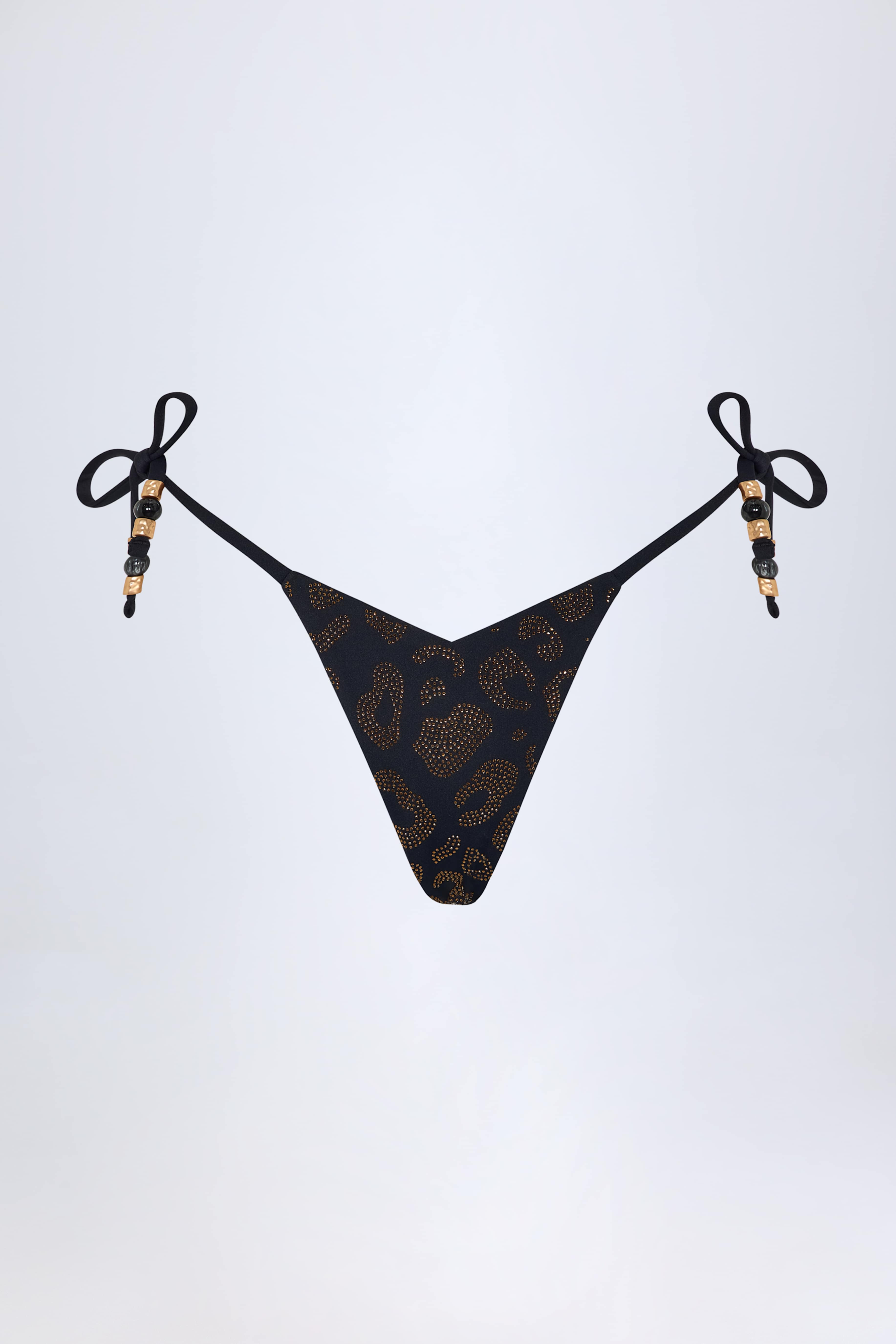 Side-Tie Bead Thong Bikini Bottoms in Black Leopard Hotfix